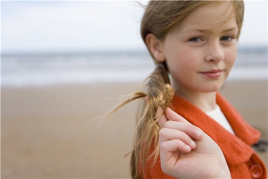 女孩,7-9岁,玩,头发,海滩,头像,特写