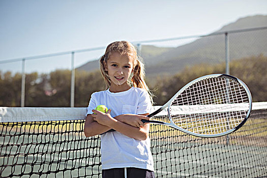 自信,女孩,拿着,网球拍,球,球场,头像,晴天