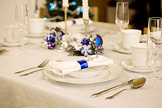 优雅,蓝色,白色,圣诞桌,布置