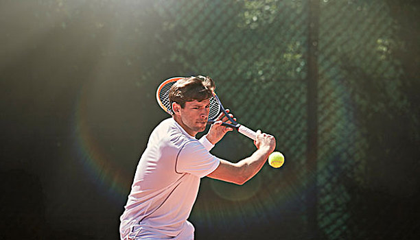 男青年,玩,网球,晃动,网球拍