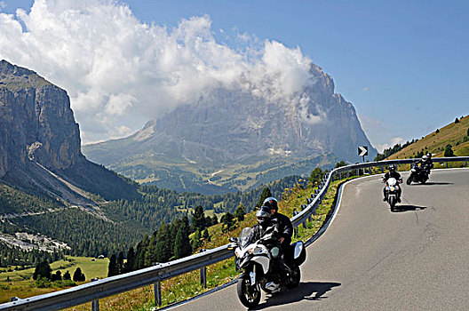 摩托车手,正面,山丘,道路,南蒂罗尔,意大利,欧洲
