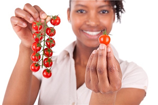 年轻,高兴,黑色,美国黑人,女性,拿着,西红柿