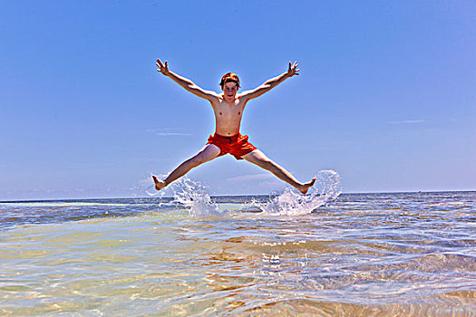 男孩,跳跃,室外,水,热带沙滩
