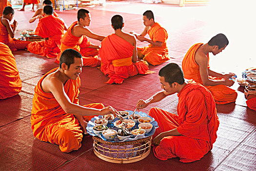 老挝,万象,僧侣,吃,早晨,食物