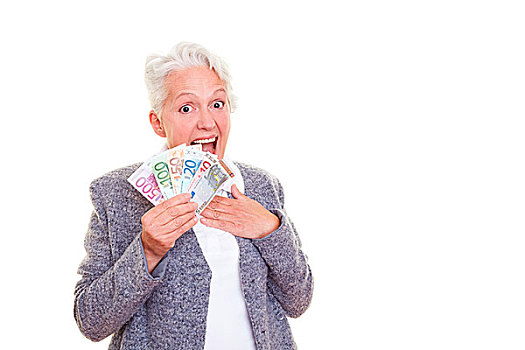 高兴,老年,女人,拿着,许多,欧元,货币