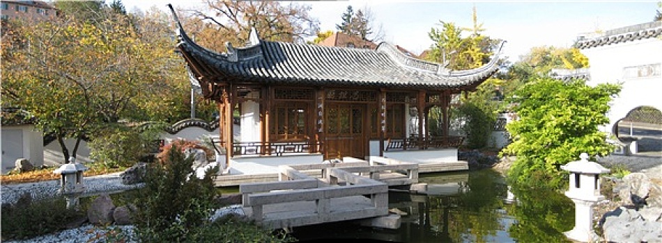 中式花园,寺庙,房子,全景