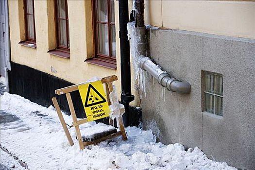 标识,警告,雪,冰柱,落下,屋顶