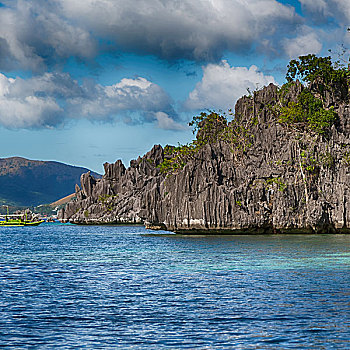 船,菲律宾,蛇,岛屿,靠近,爱妮岛,巴拉望岛,漂亮,全景,海岸线,海洋,石头