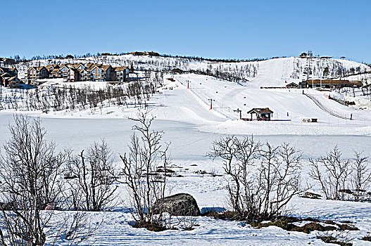 假日,屋舍,耶卢,复杂,旁侧,高山滑雪板,设施,南方,地点,冬天,积雪,山景,布斯克鲁德,挪威