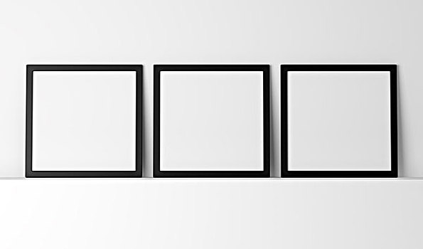 三个,留白,黑色,照片,框,白色背景,架子
