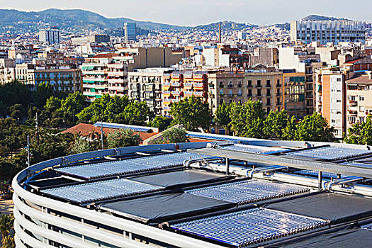 太阳能电池板,屋顶,城市,建筑,巴塞罗那,西班牙