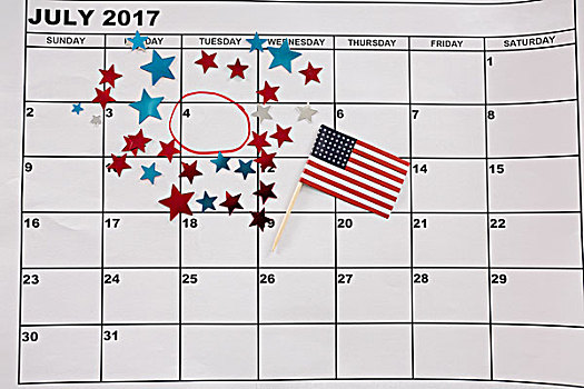 日历,星形,装饰,美国国旗,七月