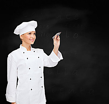 烹调,新,广告,概念,微笑,女性,厨师,烹饪,做糕点,记号笔,文字,虚拟