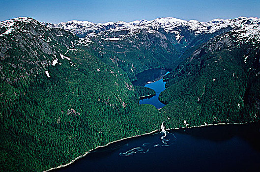 俯视,小湾,展示,瀑布,悬挂,湖,中心,海岸,不列颠哥伦比亚省,加拿大