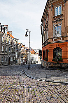 老,建筑,灯柱,鹅卵石,街角,老城,华沙,波兰