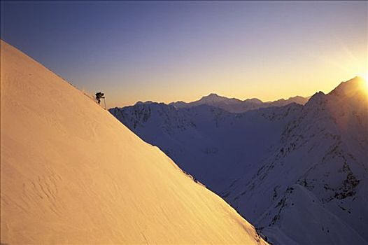 极限滑雪,日落,冬天