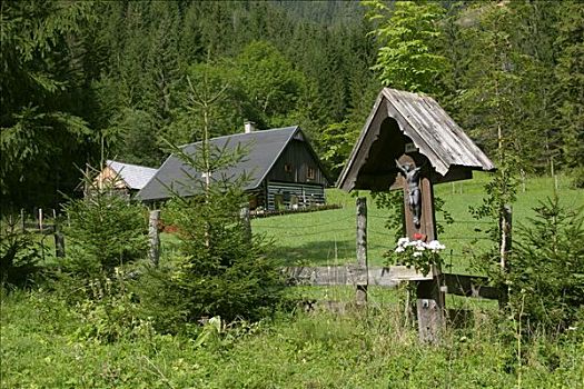 老,木屋,木质,十字架,乡村,山区,施蒂里亚,奥地利