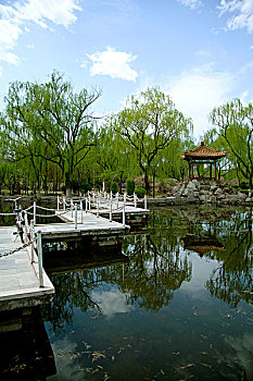 中國古典園林湖泊中的石板橋和涼亭