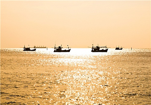 渔船,剪影,日落,海洋