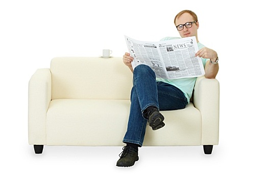 男人,读报纸,在家,沙发