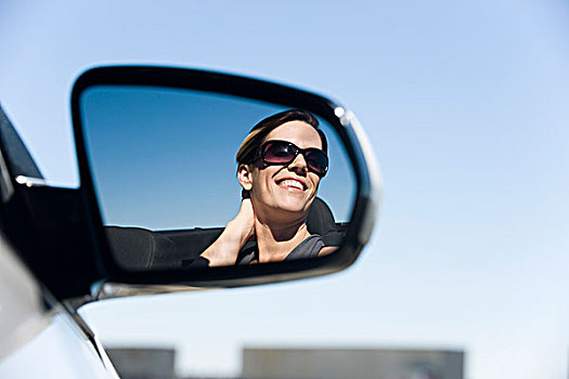 女人,乘客,汽车,反射,侧面,镜子