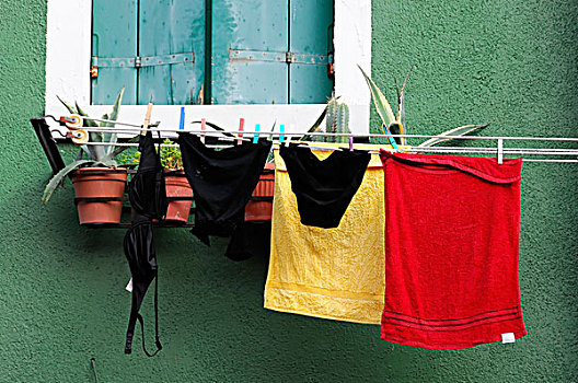 洗衣服,悬挂,室外,干燥,布拉诺岛,威尼斯,威尼托,意大利,欧洲