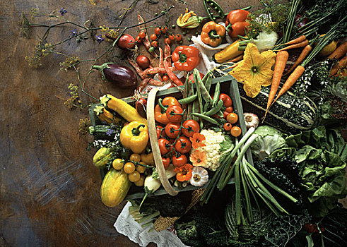 浅底篮,许多,不同,蔬菜