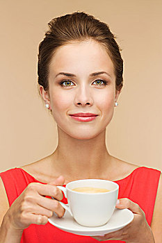 休闲,高兴,喝,概念,微笑,女人,红裙,咖啡杯