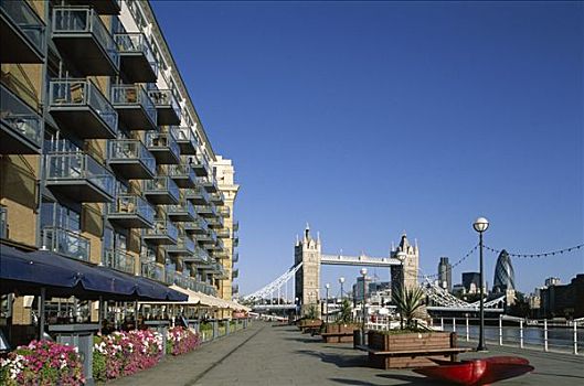 泰晤士河,河边,公寓,餐馆,伦敦,英格兰