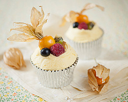 杯形蛋糕,蓝莓,猕猴桃,树莓,酸浆属植物