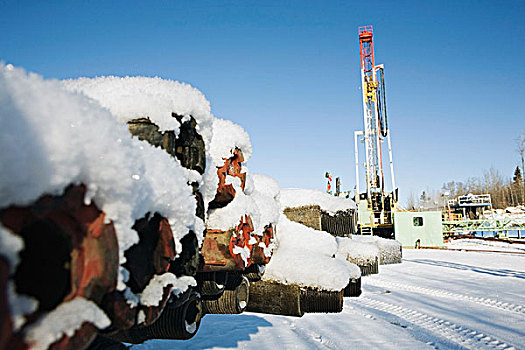 艾伯塔省,加拿大,积雪,钻机,管,钻塔,背景