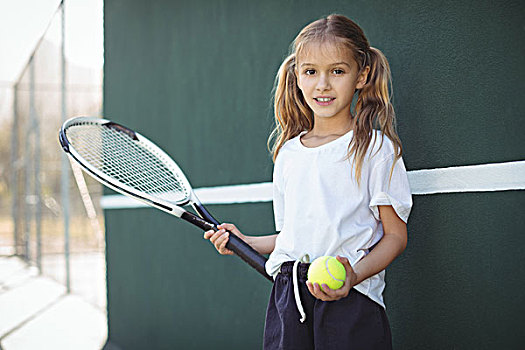女孩,拿着,网球拍,球,头像,站立,球场