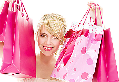 高兴,少女,粉色,购物袋