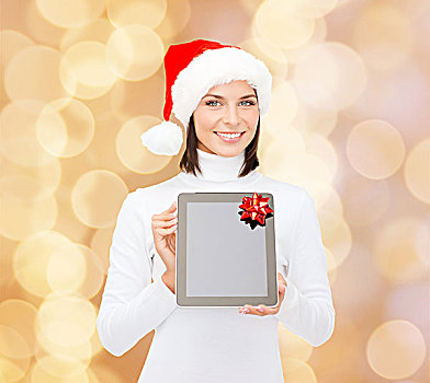 圣诞节,科技,礼物,人,概念,微笑,女人,圣诞老人,帽子,留白,显示屏,平板电脑,电脑,上方,米色,背景