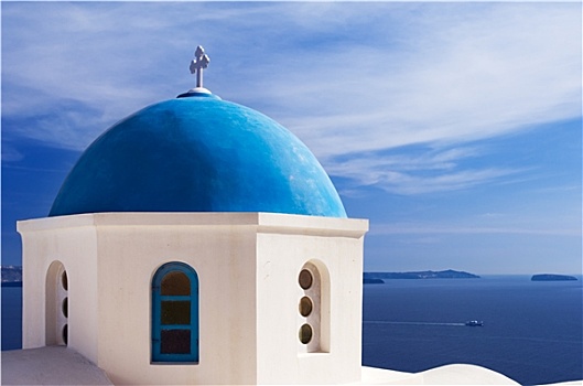 蓝色,教堂,圆顶,锡拉岛,希腊