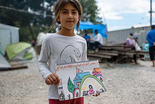 库尔德,女孩,悲惨,故事,素描,难民,露营,希腊,边远地区,马其顿,四月