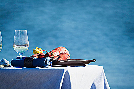 桌子,龙虾,白葡萄酒,海边
