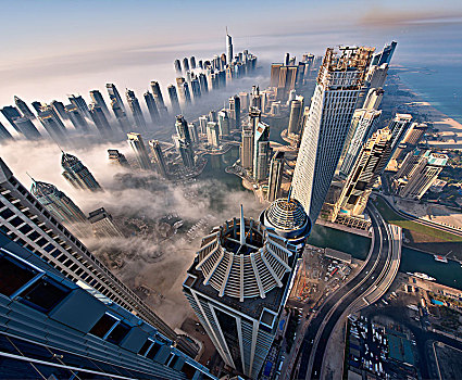 航拍,城市,摩天大楼,高处,云,迪拜,阿联酋