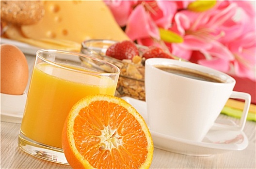 早餐,桌子,咖啡,橙汁,牛奶什锦早餐