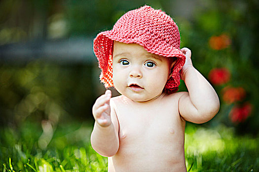 女婴,戴着,编织帽,花园