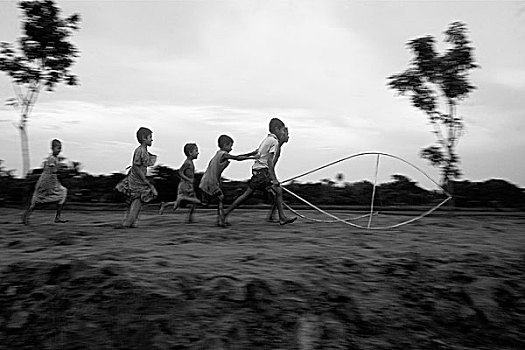 一群孩子,跑,地点,乡村,孟加拉,十一月,2008年