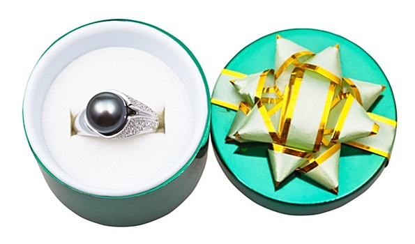 白色,黄金,戒指,黑珍珠,打开,绿色,盒子