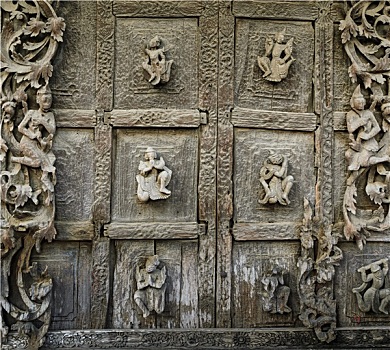 木质,雕刻,特写,金色宫殿柚木寺,庙宇,曼德勒,缅甸