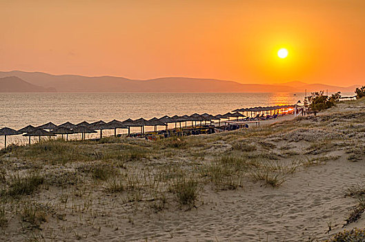 沙滩,日落,岛屿,纳克索斯岛,希腊