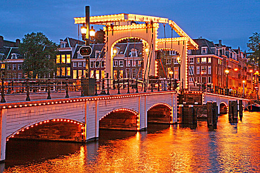 瘦桥,晚间,亮光,阿姆斯特丹,荷兰,欧洲