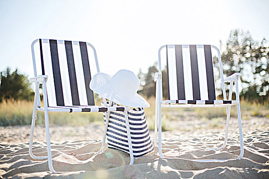 家具,暑假,概念,两个,海滩,休闲,海滨游泳手提袋,白色,帽子