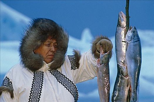 爱斯基摩,男人,三文鱼,冰山,背景,冬季,肖像