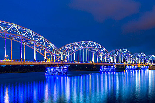 铁路桥,黄昏,蓝色,钟点,上方,道加瓦河,河,西部,里加,拉脱维亚,欧洲
