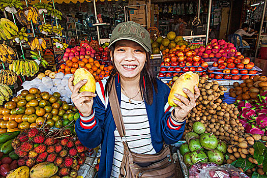 柬埔寨,收获,市场一景,水果摊