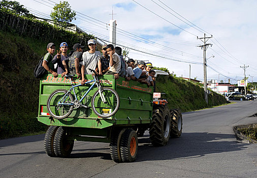 哥斯达黎加,阿拉胡埃拉,街景,拖拉机,人,骑,手推车